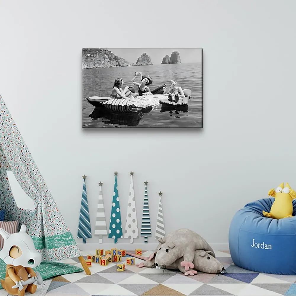 UYMHUKZ Women Eating Pasta on Lake Black and White Art Vintage Wall Art Funny Art Pasta Picnic on Lake Picnic on Lake 24X36in Unframed