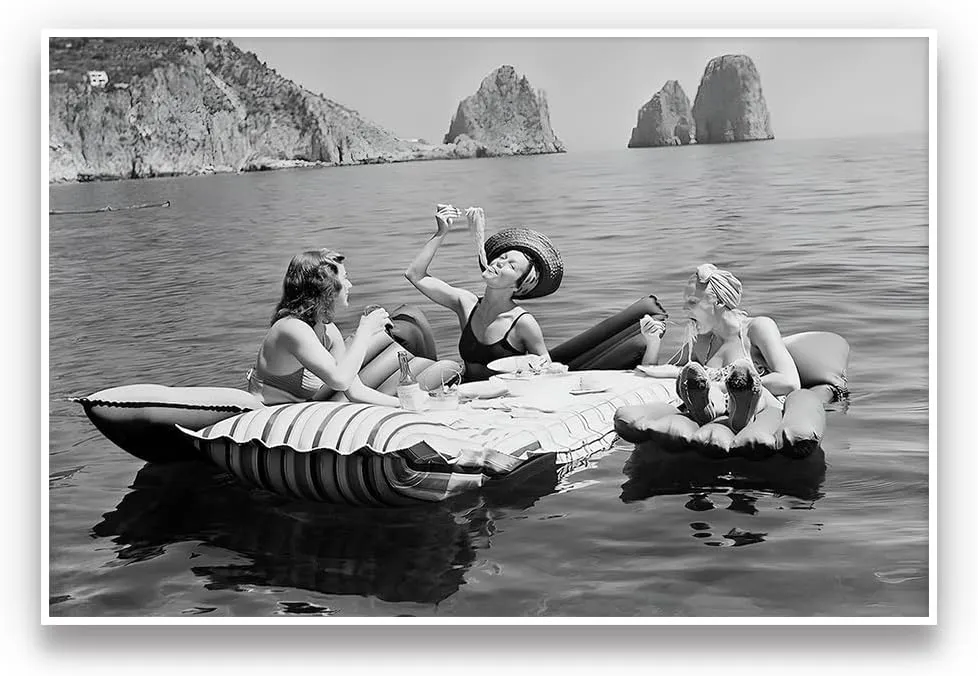 UYMHUKZ Women Eating Pasta on Lake Black and White Art Vintage Wall Art Funny Art Pasta Picnic on Lake Picnic on Lake 24X36in Unframed