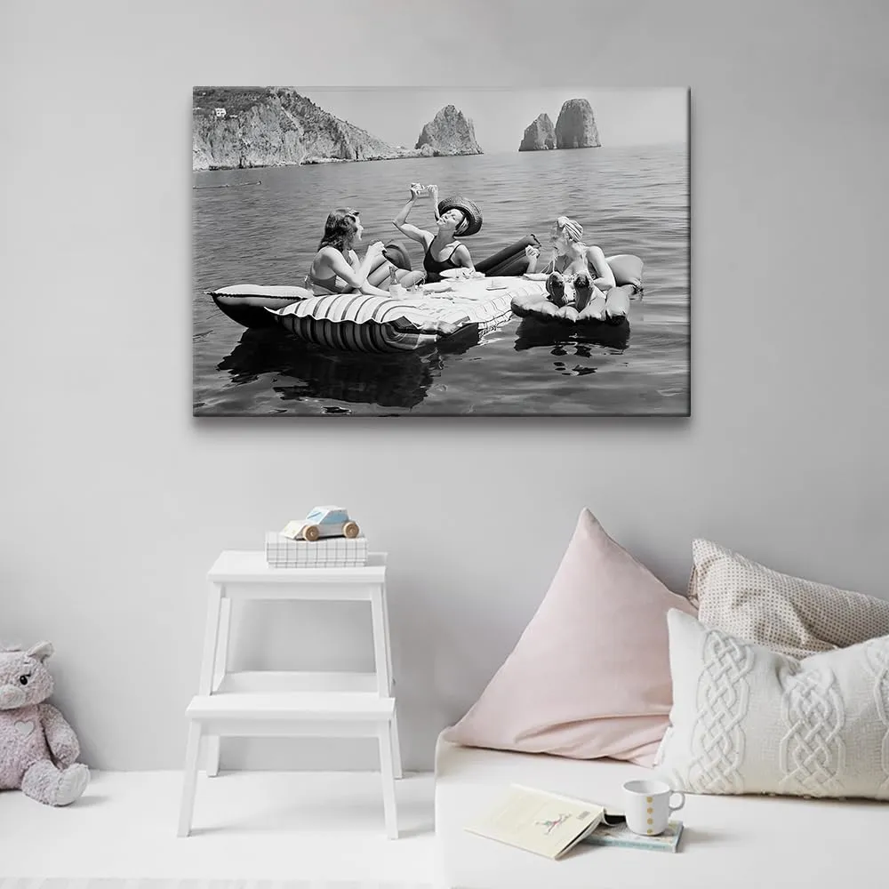 UYMHUKZ Women Eating Pasta on Lake Black and White Art Vintage Wall Art Funny Art Pasta Picnic on Lake Picnic on Lake 24X36in Unframed