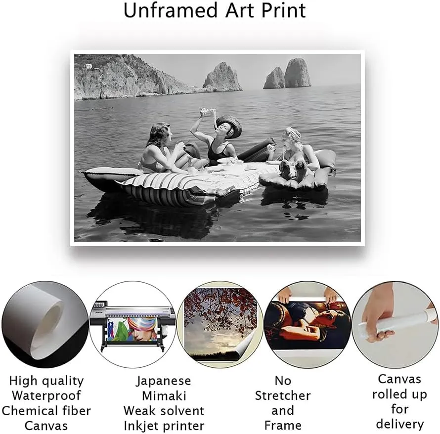 UYMHUKZ Women Eating Pasta on Lake Black and White Art Vintage Wall Art Funny Art Pasta Picnic on Lake Picnic on Lake 24X36in Unframed