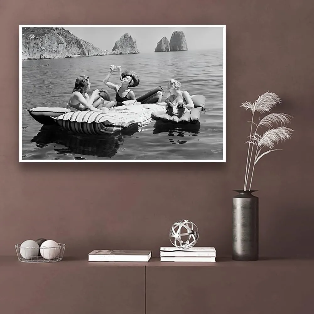UYMHUKZ Women Eating Pasta on Lake Black and White Art Vintage Wall Art Funny Art Pasta Picnic on Lake Picnic on Lake 24X36in Unframed