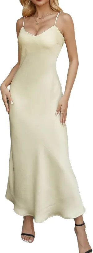 V neck Bias Cut Premium Satin Adjustable Strap Slip Maxi Dress