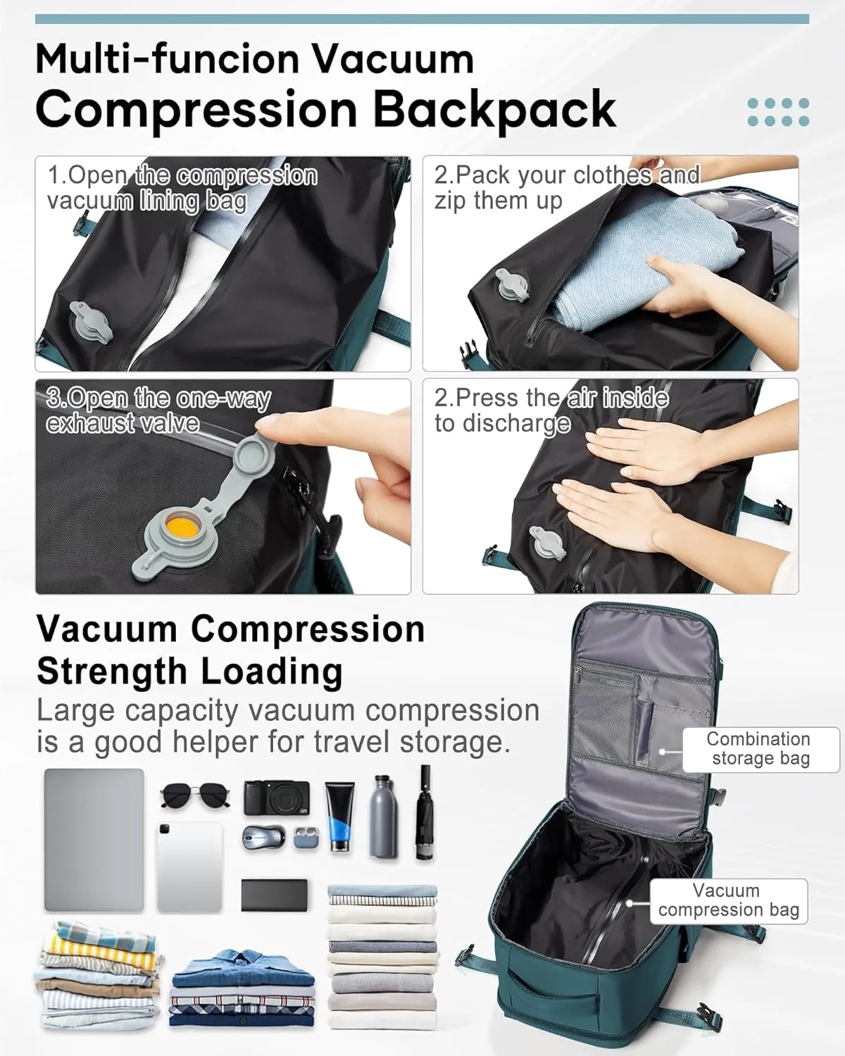 Vacuum Backpack Travel, Airback Backpack with Pump Personal Item Carry On Bag Flight Approved Laptop Work Seal Compression Backpacks Men Women Vacpack Waterproof Business College Casual Daypack Blue