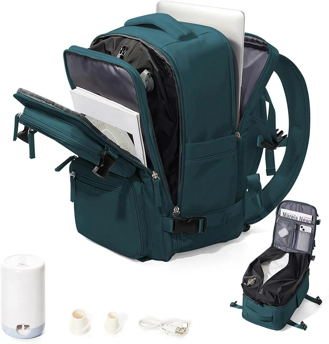 Vacuum Backpack Travel, Airback Backpack with Pump Personal Item Carry On Bag Flight Approved Laptop Work Seal Compression Backpacks Men Women Vacpack Waterproof Business College Casual Daypack Blue
