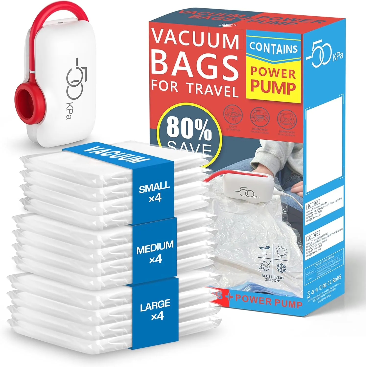 Vacuum Bags for Travel, 12 Pack Vacuum Seal Bags for Clothing Travel, Vacuum Storage Bags with High Pressure Electric Pump, Travel Space Saver Bags for Luggage