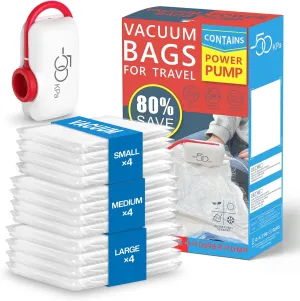 Vacuum Bags for Travel, 12 Pack Vacuum Seal Bags for Clothing Travel, Vacuum Storage Bags with High Pressure Electric Pump, Travel Space Saver Bags for Luggage