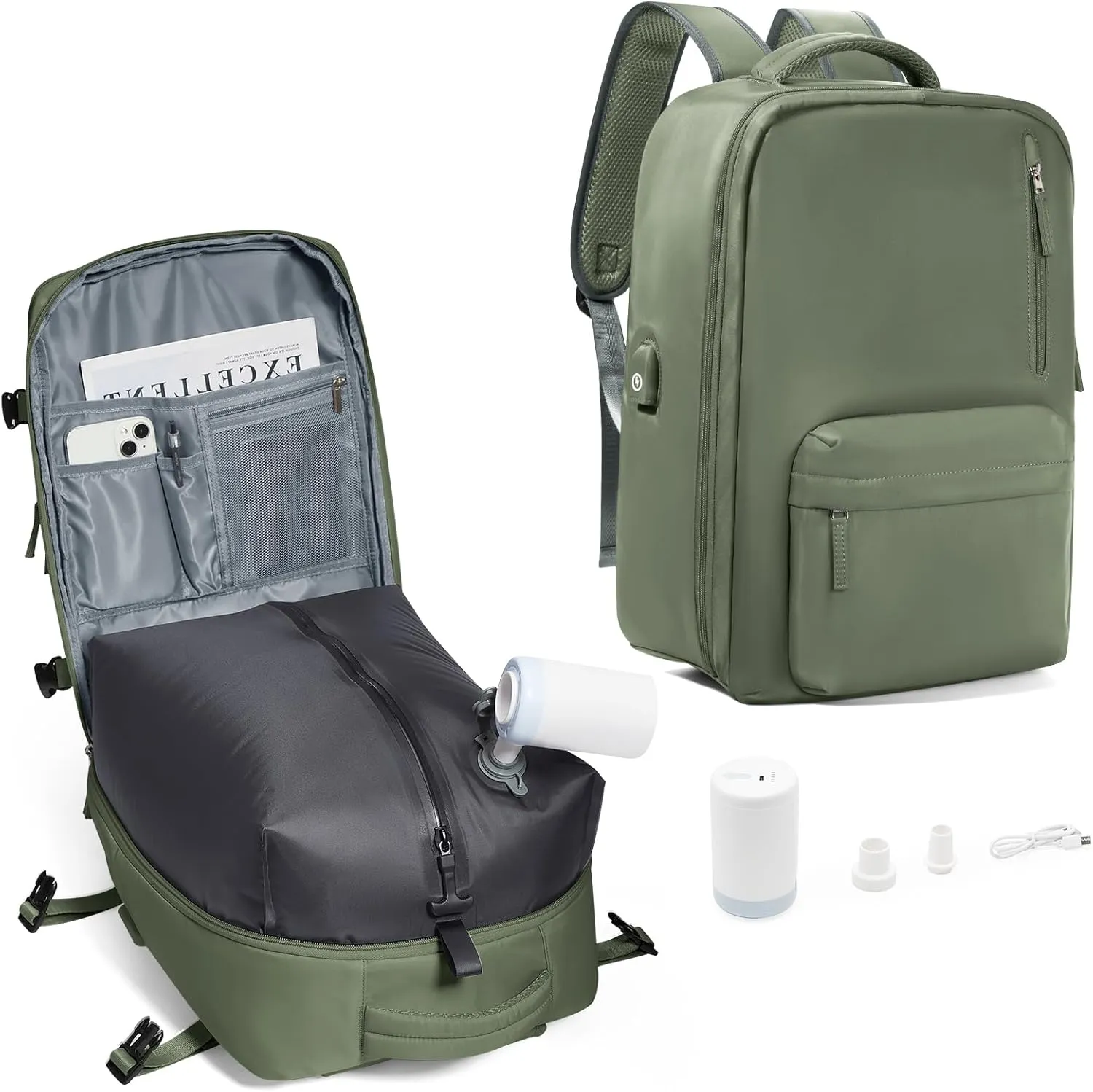 Vacuum Compression Backpack, Travel Vacuum Backpack with Electric Vacpack Pump, Flight Approved Carry On Personal Item Suitcase Luggage for Men Women, Green