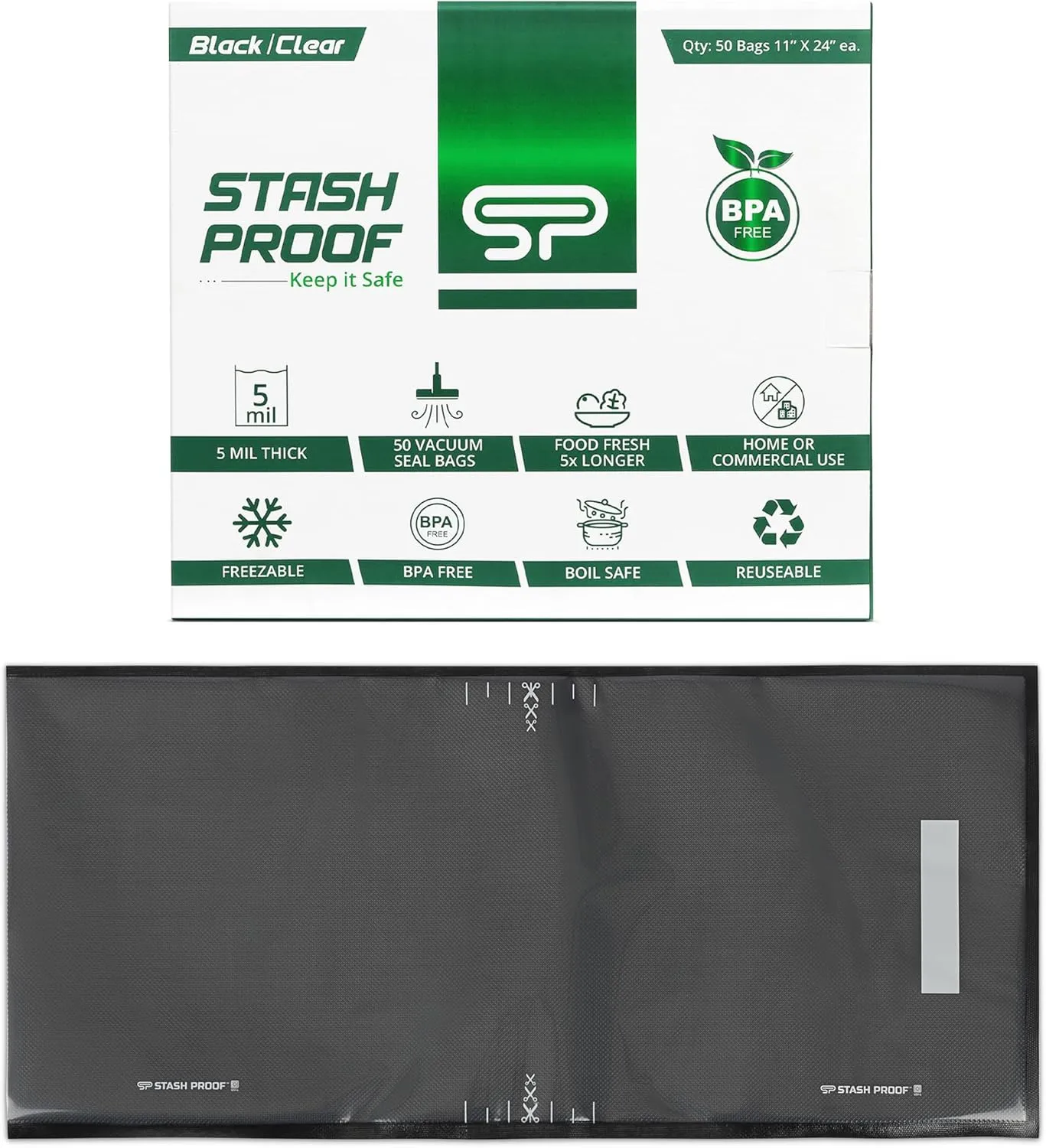 Vacuum Seal Bags 11" x 24" (50 Count) 5 Mil (Black and Clear) - BPA Free Commerical Grade Food Saver for Storage, Sous Vide, and Meal Prep Sealer Bag