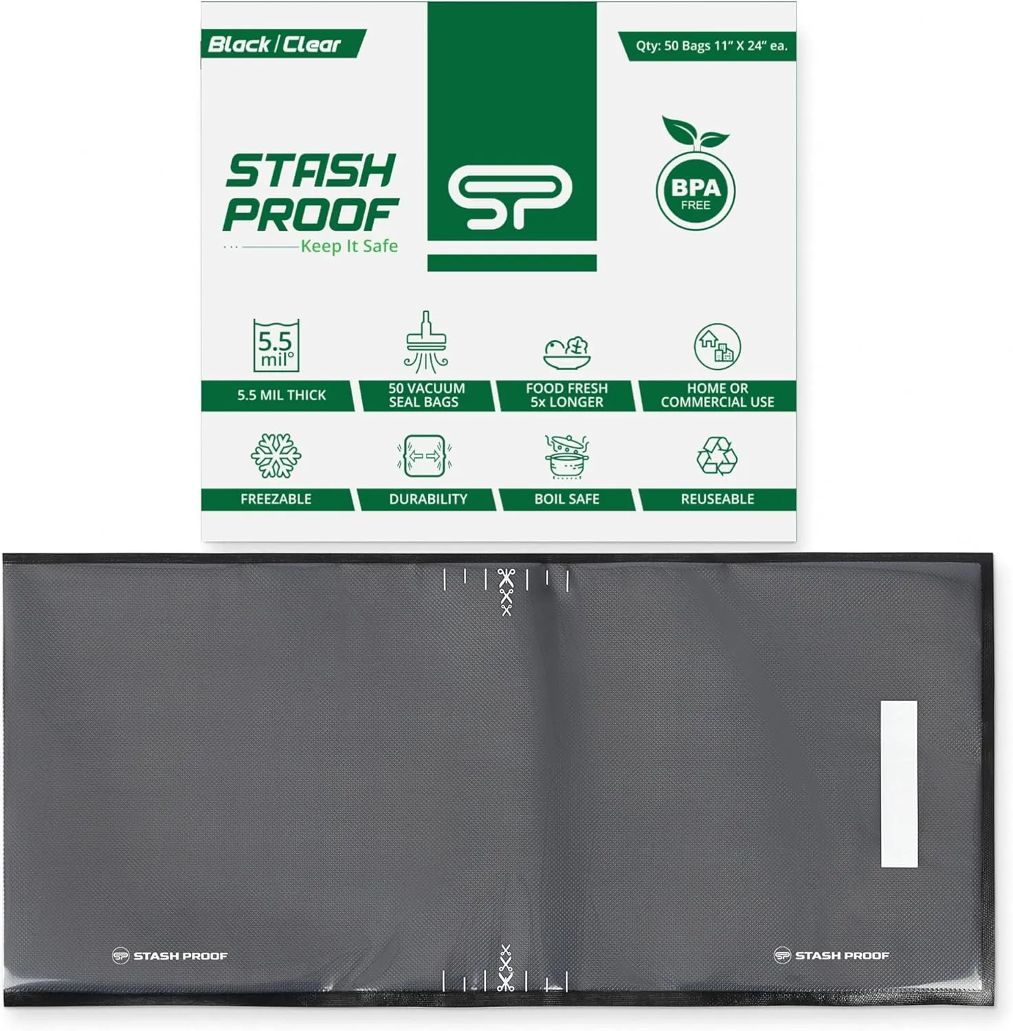 Vacuum Seal Bags 11" x 24" (50 Count) 5.5 Mil, Black and Clear- BPA Free Commerical Grade Food Saver for Storage, Sous Vide, and Meal Prep Sealer Bag