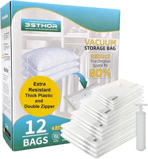 Vacuum Seal Bags for Clothing – 12 Pack Ultra-Thick Plastic Vacuum Storage Bags – Assorted Sizes for Blanket Storage, Travel, Moisture Protection, Winter Clothes – Airtight Double-Sealed Zipper