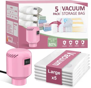 Vacuum Seal Bags for Clothing Travel, 5 Pack Space Saver Vacuum Storage Bags with Electric Pump,Portable Compression Sealer for Clothes, Blankets, Bedding & Travel Essentials,Good for Luggage Packing