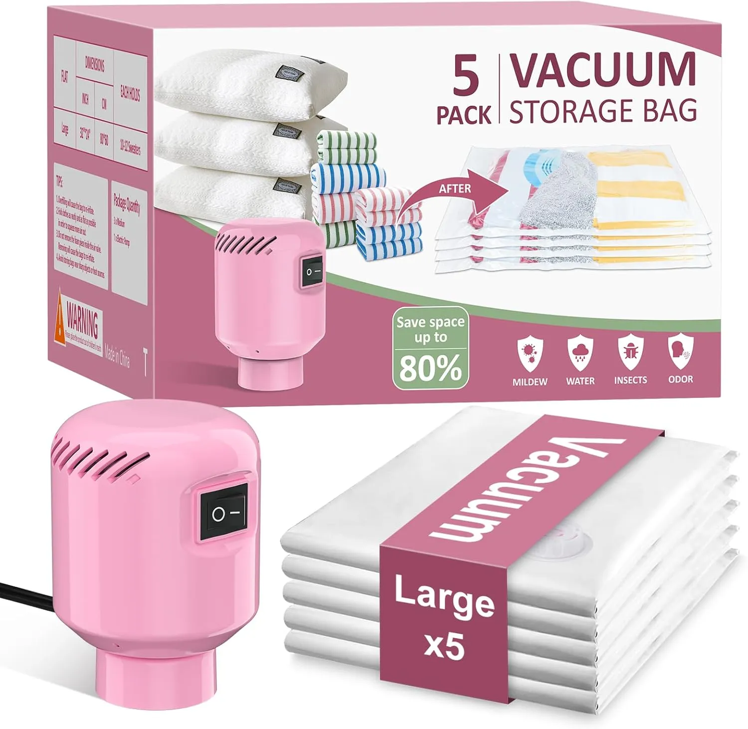 Vacuum Seal Bags for Clothing Travel, 5 Pack Space Saver Vacuum Storage Bags with Electric Pump,Portable Compression Sealer for Clothes, Blankets, Bedding & Travel Essentials,Good for Luggage Packing
