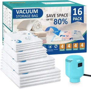 Vacuum Seal Bags for Clothing with Electric Pump,16 Pack Space Saver Bags (4 Jumbo, 4 Large, 4 Medium, 4 Small) Vacuum Storage Bags for Travel,Bedding,Blankets
