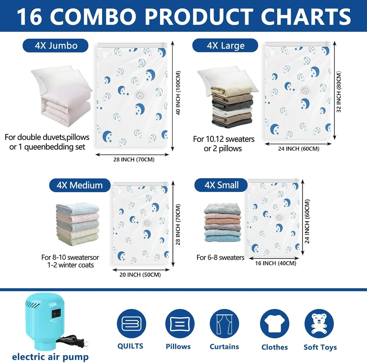Vacuum Seal Bags for Clothing with Electric Pump,16 Pack Space Saver Bags (4 Jumbo, 4 Large, 4 Medium, 4 Small) Vacuum Storage Bags for Travel,Bedding,Blankets