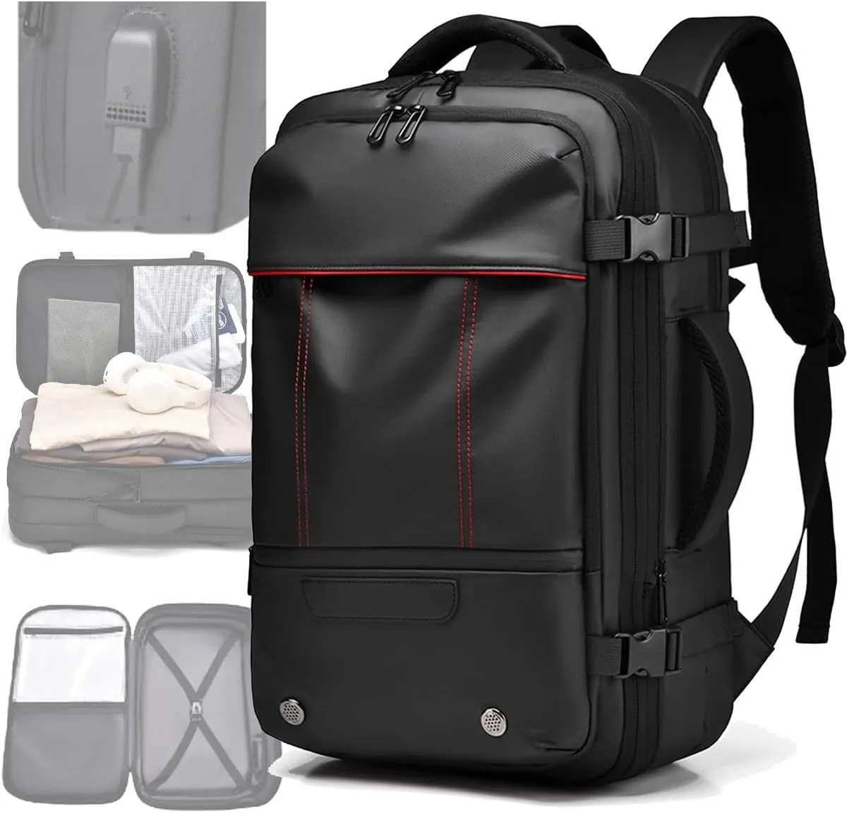 Vacuum Seal Carry on Backpack, Carry on Luggage with Vacuum Compression with Air Pump, Anti Theft Expandable Vacuum Suitcase with USB Charging Port for Laptop, Travel, Business, College, Camping(Black