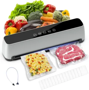 Vacuum Sealer, 80 Kpa One-Touch Full Automatic Vacuum Sealer with LED Touch Screen Indicator Lights,Air Sealing System for Food Storage Dry/Moist Modes with 15 Seal Bags and 1 Air Suction Hose