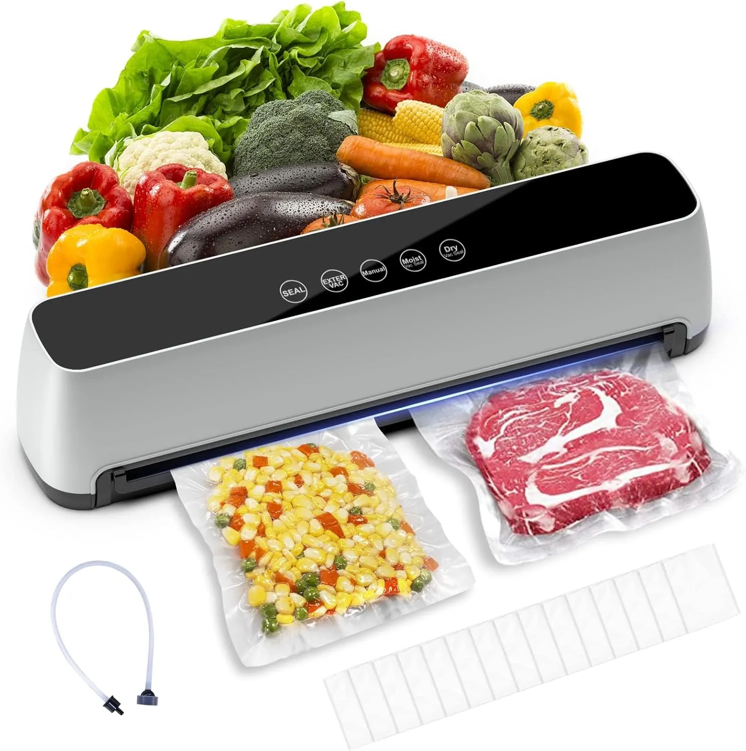 Vacuum Sealer, 80 Kpa One-Touch Full Automatic Vacuum Sealer with LED Touch Screen Indicator Lights,Air Sealing System for Food Storage Dry/Moist Modes with 15 Seal Bags and 1 Air Suction Hose