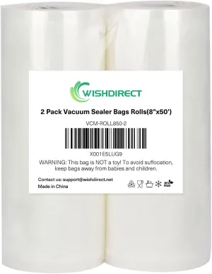 Vacuum Sealer Bags Rolls (2-Pack), 8” X 50’ Heavy Duty Commercial Grade Embossed Bags for Food Preservation Freezer Sous Vide Cooking(Total 100 Feet)