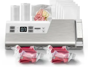 Vacuum Sealer Machine, 95kPa 140W Double Seal Powerful Food Sealer, One Hand Operation Food Storage with Build-in Cutter & Roll Storage, Includes 2 Bag Rolls, 5pcs Pre-cut Bags white