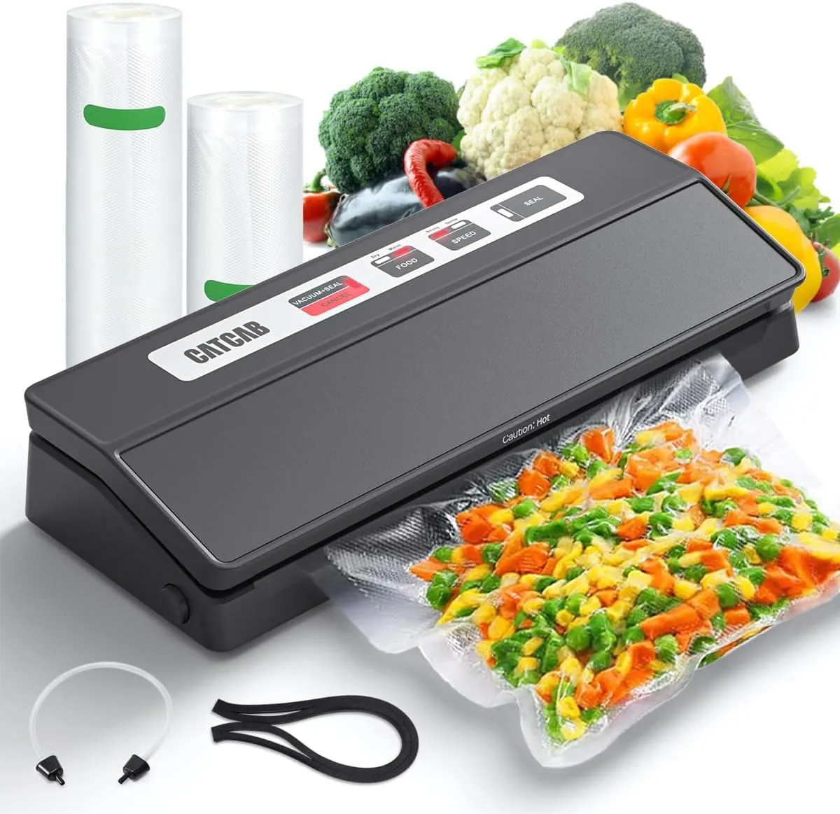 Vacuum Sealer Machine for Food, 70kPa Powerful Sealing Machine for Dry/Moist Foods Saver, Automatic 7-in-1 Food Sealer with 2 Bag Rolls & External Vacuum Hose, Compact Design, Black