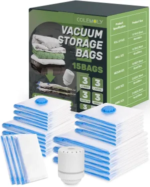 Vacuum Storage Bags (15 Pack) Space Saver Bags with 1 Electric Air Pump (3Jumbo 3Large 3Medium 3Small 3Roll) Vacuum seal bags for Clothes Blanket Duvets Pillows Comforters Travel Moving