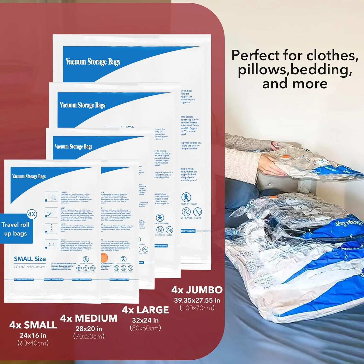 Vacuum Storage Bags 20 Combo (4 Jumbo/4Large/4 Medium/4 Small/4 Roll), Space Saver Sealer Bags, Airtight Compression Bags for Clothes, Pillows, Comforters, Blankets, Bedding