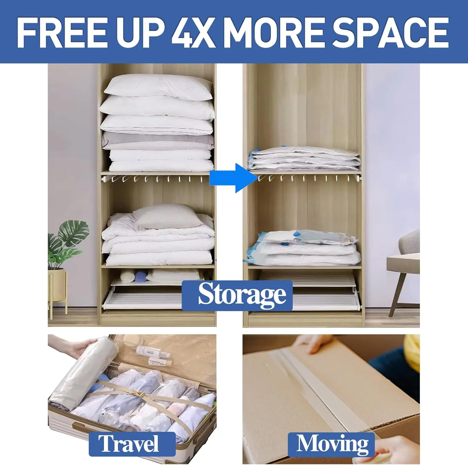 Vacuum Storage Bags, 8 Medium Space Saver Vacuum Sealed Bags for Clothes, Compression Bag Blanket Storage Travel Essentials