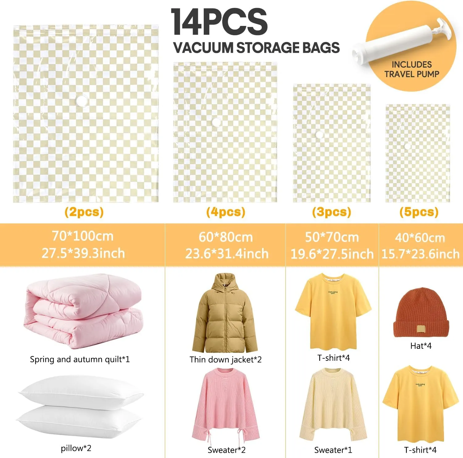 Vacuum Storage Bags for Clothing Comforters and Blankets, Space Saver, Travel Bag for Luggage (Khaki Plaid, 14)