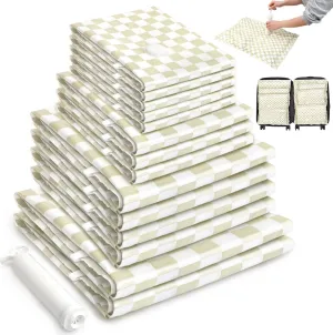 Vacuum Storage Bags for Clothing Comforters and Blankets, Space Saver, Travel Bag for Luggage (Khaki Plaid, 14)