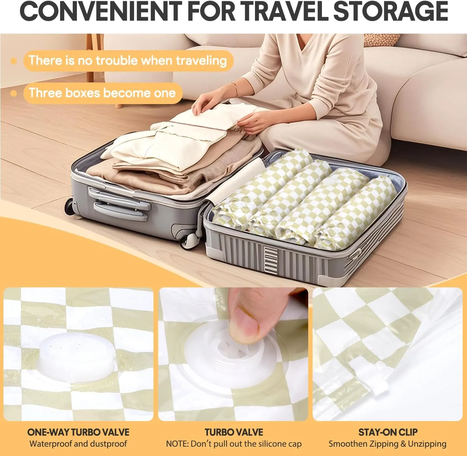 Vacuum Storage Bags for Clothing Comforters and Blankets, Space Saver, Travel Bag for Luggage (Khaki Plaid, 14)