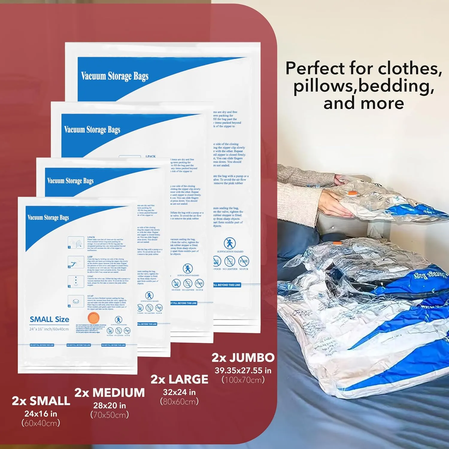 Vacuum Storage Bags with Electric Air Pump 8 Combo (2 Jumbo/2 Large/2 Medium/2 Small), Travel Vacuum Bags For Luggage, Airtight Compression Bags for Clothes, Pillows, Comforters, Blankets, Bedding