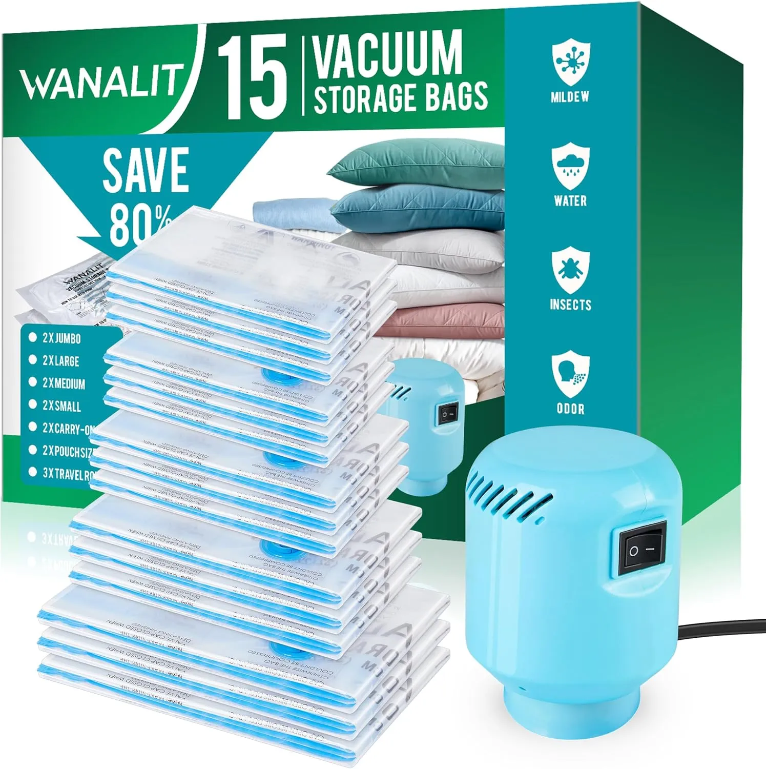 Vacuum Storage Bags with Electric Air Pump, New Air Valve Combo 15 Pack Space Saver Bag, Vacuum Sealer Bags for Clothes, Blanket, Duvets, Pillows, Comforters, Travel, Two Compressing Ways