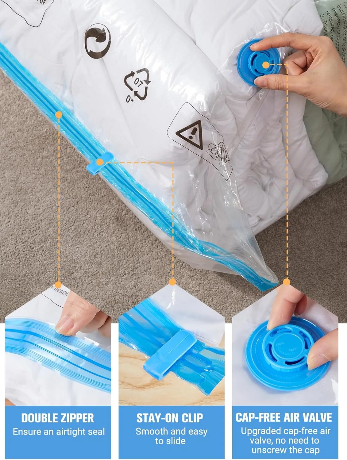Vacuum Storage Bags with Electric Air Pump, New Air Valve Combo 15 Pack Space Saver Bag, Vacuum Sealer Bags for Clothes, Blanket, Duvets, Pillows, Comforters, Travel, Two Compressing Ways