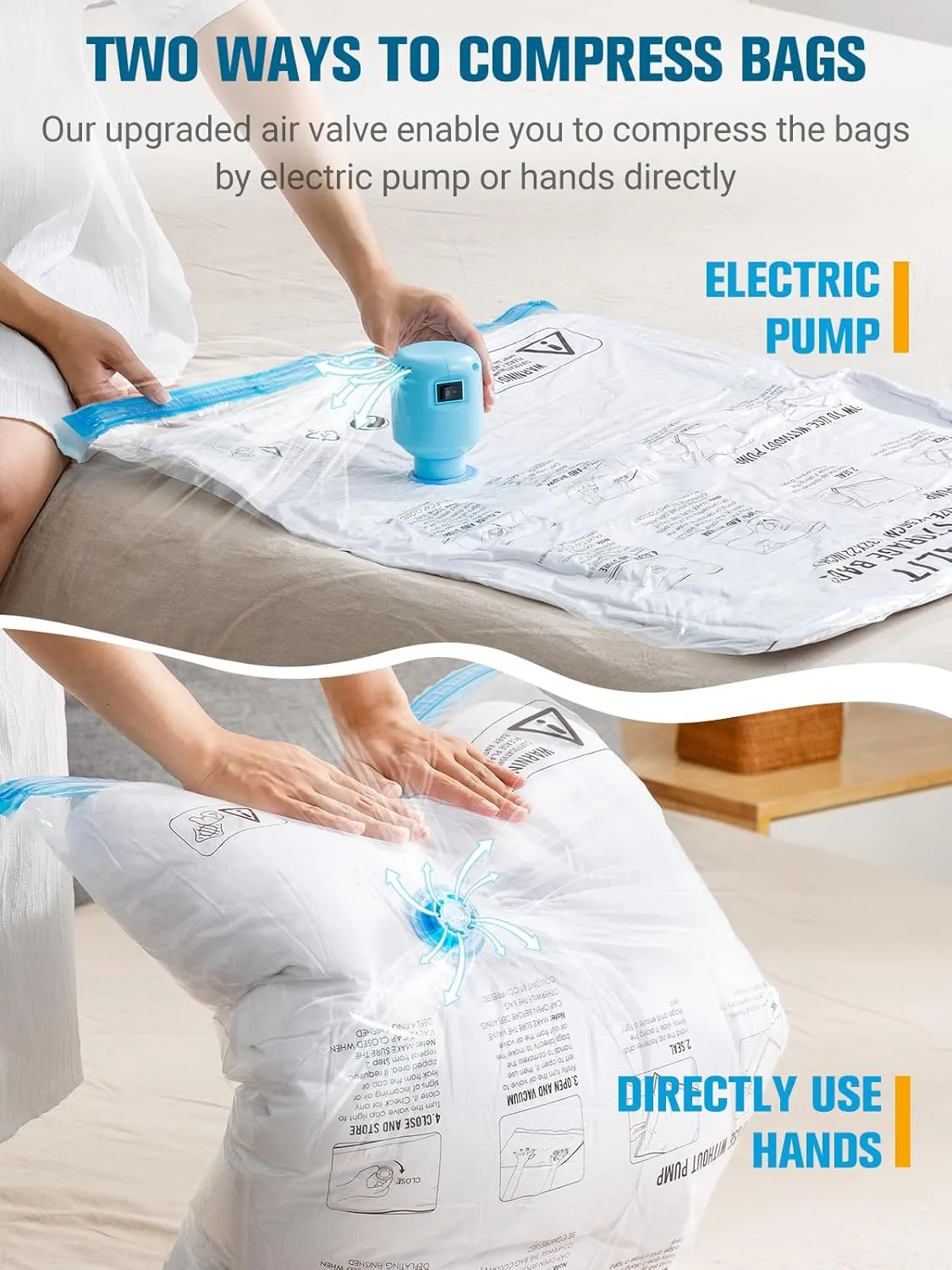 Vacuum Storage Bags with Electric Air Pump, New Air Valve Combo 15 Pack Space Saver Bag, Vacuum Sealer Bags for Clothes, Blanket, Duvets, Pillows, Comforters, Travel, Two Compressing Ways