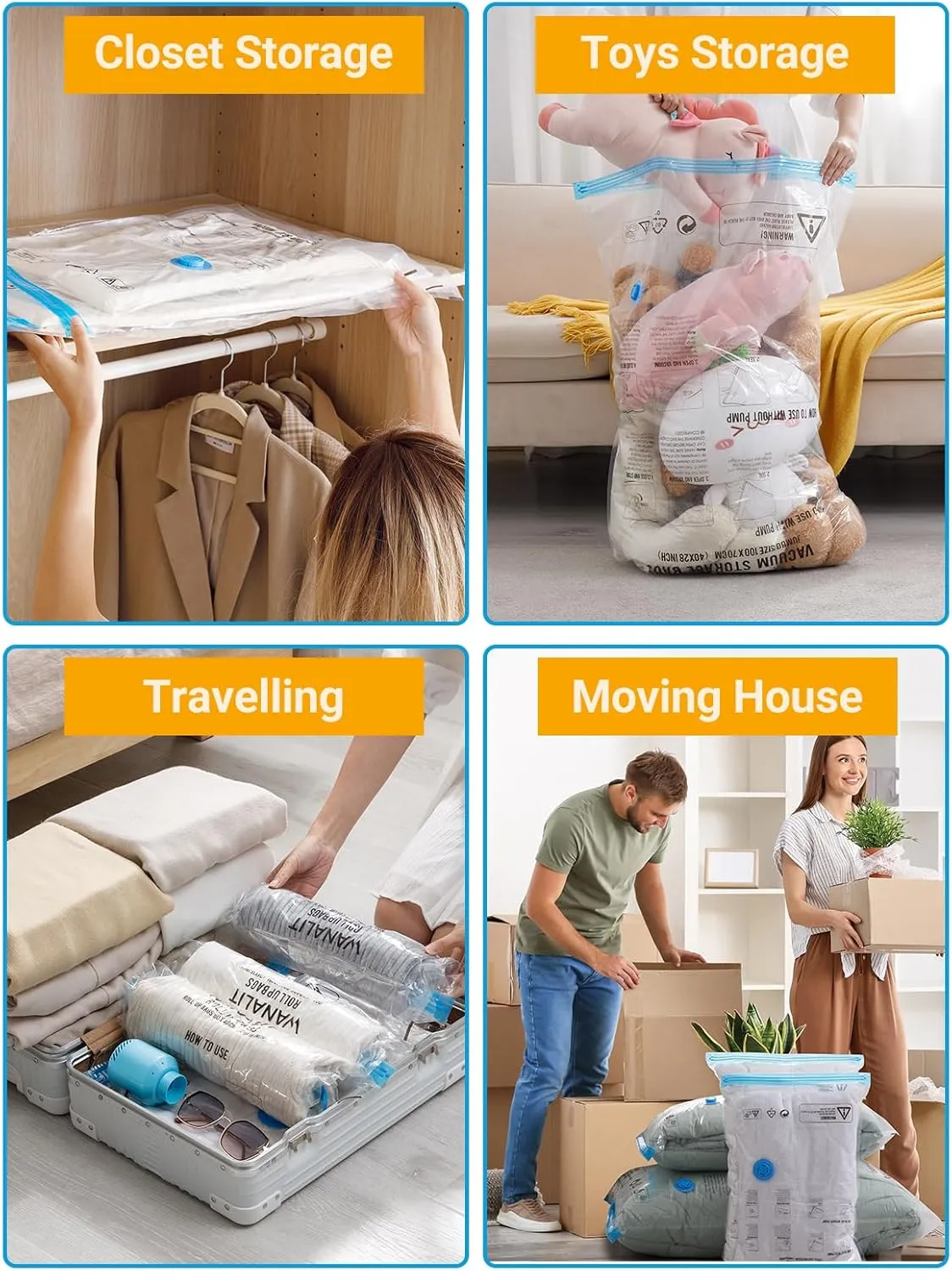 Vacuum Storage Bags with Electric Air Pump, New Air Valve Combo 15 Pack Space Saver Bag, Vacuum Sealer Bags for Clothes, Blanket, Duvets, Pillows, Comforters, Travel, Two Compressing Ways