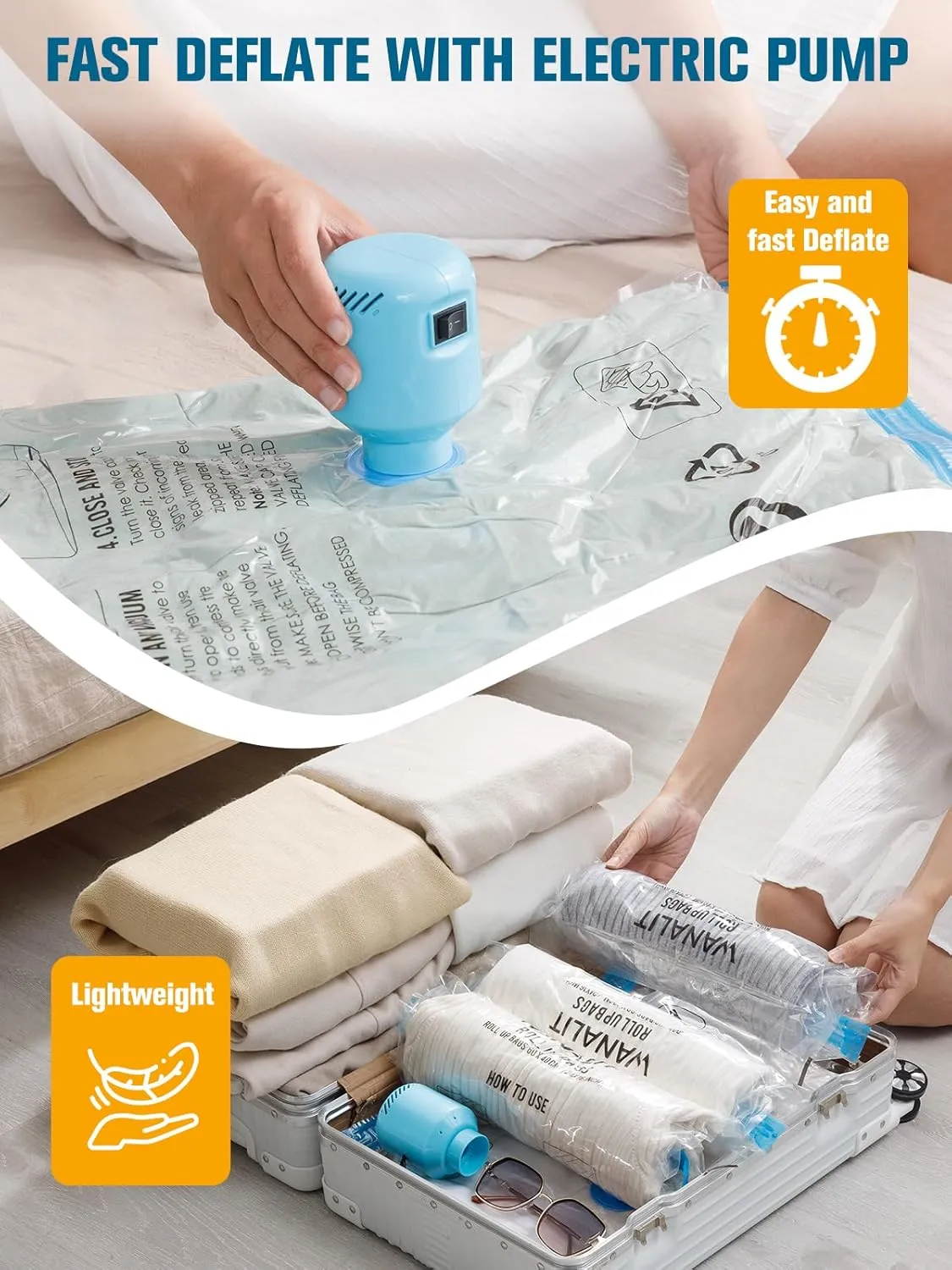 Vacuum Storage Bags with Electric Air Pump, New Air Valve Combo 15 Pack Space Saver Bag, Vacuum Sealer Bags for Clothes, Blanket, Duvets, Pillows, Comforters, Travel, Two Compressing Ways