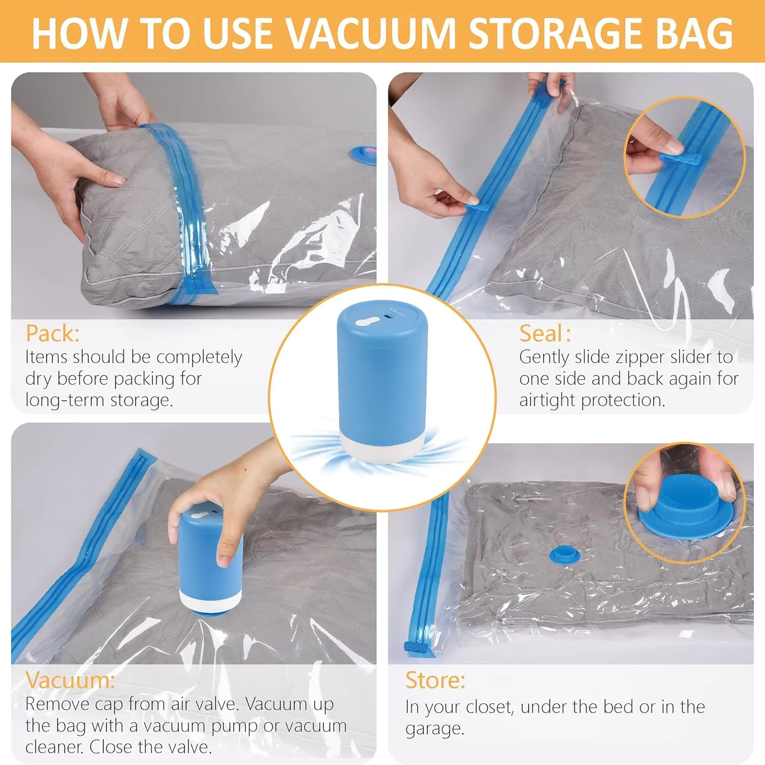 Vacuum Storage Bags with Electric Pump, 22 Pack (3 Jumbo/3 Large/8 Medium/8 Small) Vacuum Seal Space Saver Bags for Clothing, Pillows, Blanket, Bedding, Comforters