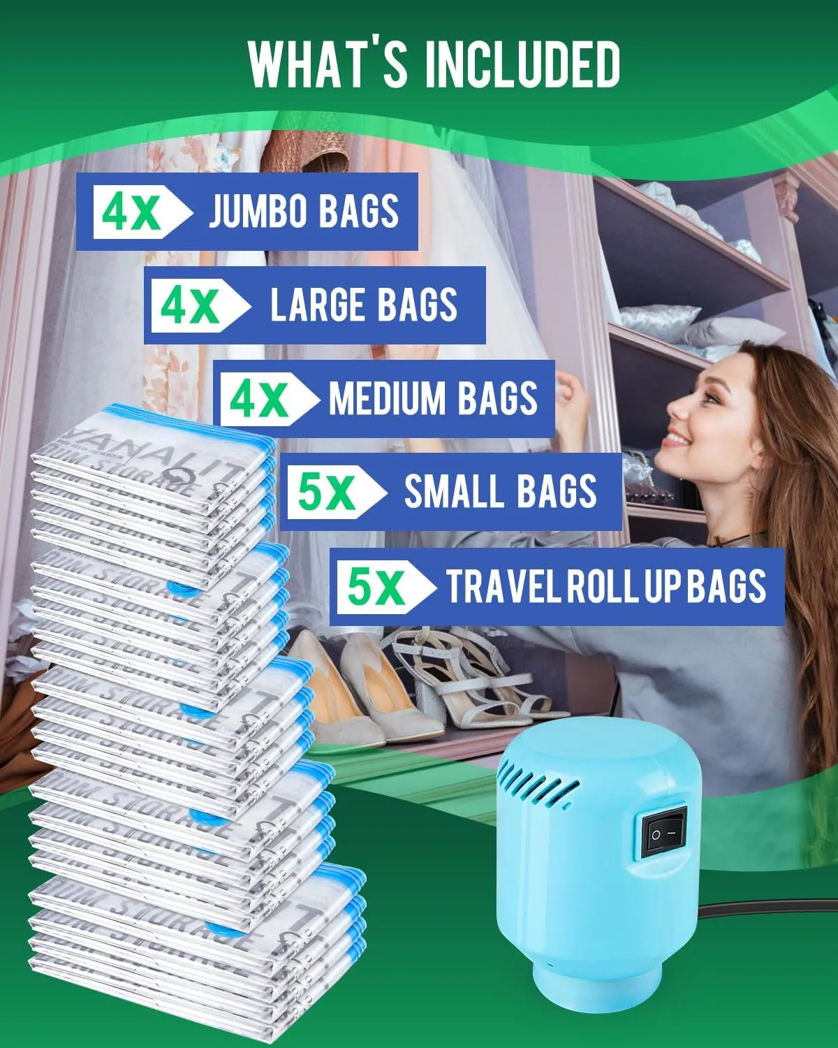 Vacuum Storage Bags with Electric Pump, 22 Pack (4 Jumbo, 4 Large, 4 Medium, 5 Small, 5 Roll Up Bags) Space Saver Bag, Vacuum Sealer Bags for Clothes, Blanket, Duvets, Pillows, Comforters, Travel