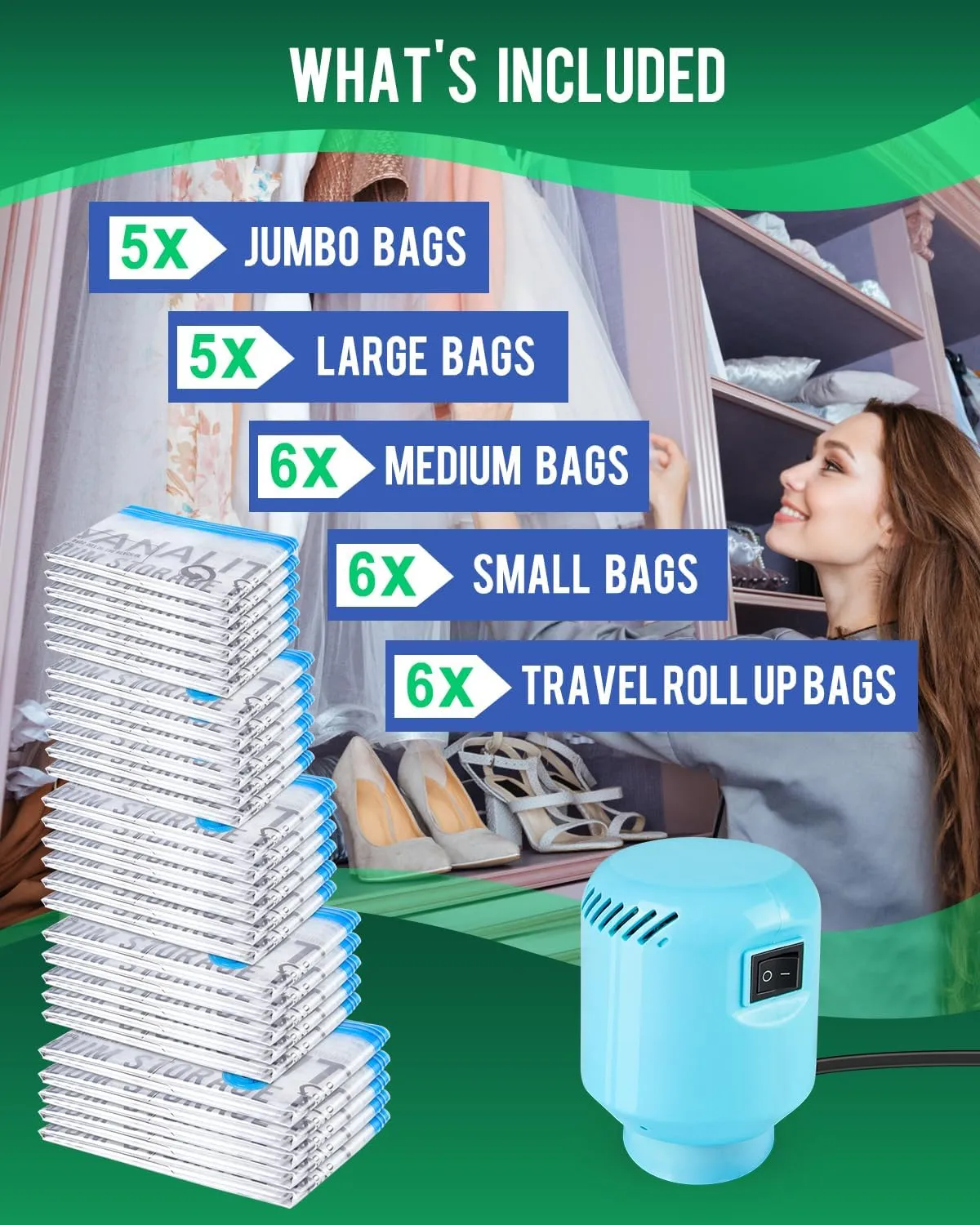 Vacuum Storage Bags with Electric Pump, 28 Pack (5 Jumbo, 5 Large, 6 Medium, 6 Small, 6 Roll Up Bags) Space Saver Bag, Vacuum Sealer Bags for Clothes, Blanket, Duvets, Pillows, Comforters, Travel