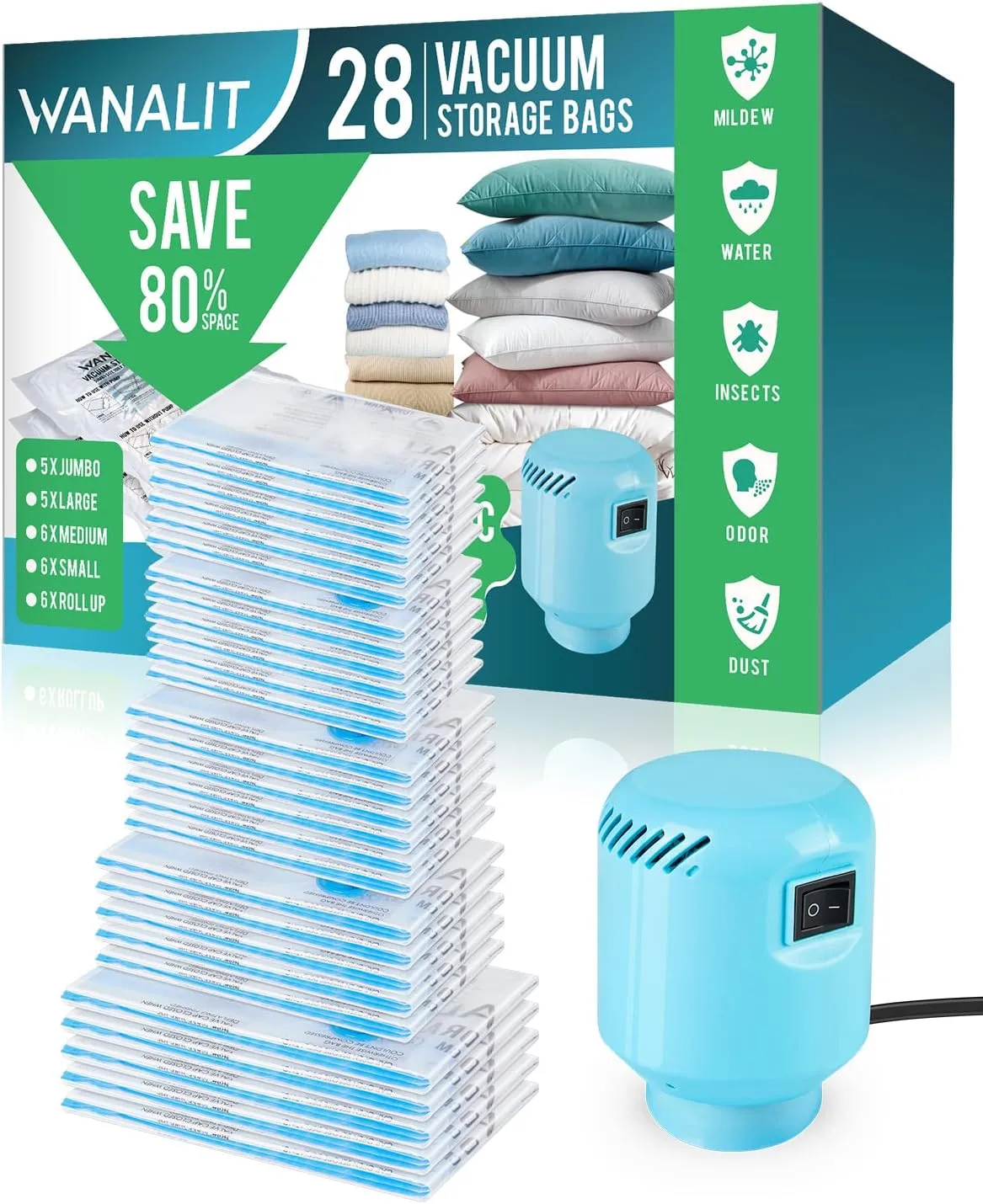 Vacuum Storage Bags with Electric Pump, 28 Pack (5 Jumbo, 5 Large, 6 Medium, 6 Small, 6 Roll Up Bags) Space Saver Bag, Vacuum Sealer Bags for Clothes, Blanket, Duvets, Pillows, Comforters, Travel