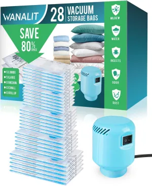 Vacuum Storage Bags with Electric Pump, 28 Pack (5 Jumbo, 5 Large, 6 Medium, 6 Small, 6 Roll Up Bags) Space Saver Bag, Vacuum Sealer Bags for Clothes, Blanket, Duvets, Pillows, Comforters, Travel