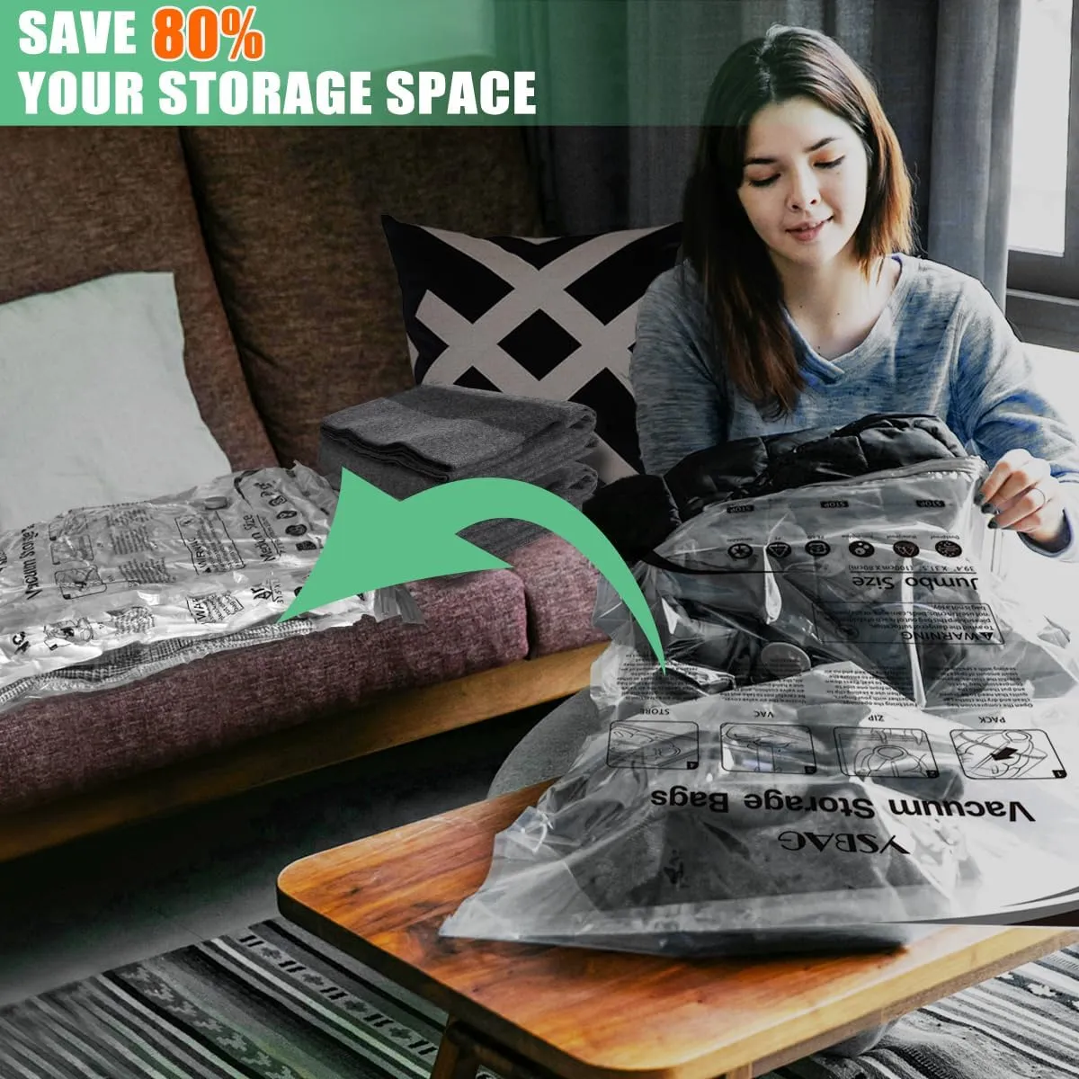 Vacuum Storage Bags With Hand Pump, Vacuum Seal Bags for Clothing,Space Saver Bags for Comforters,Blankets(6 Large)