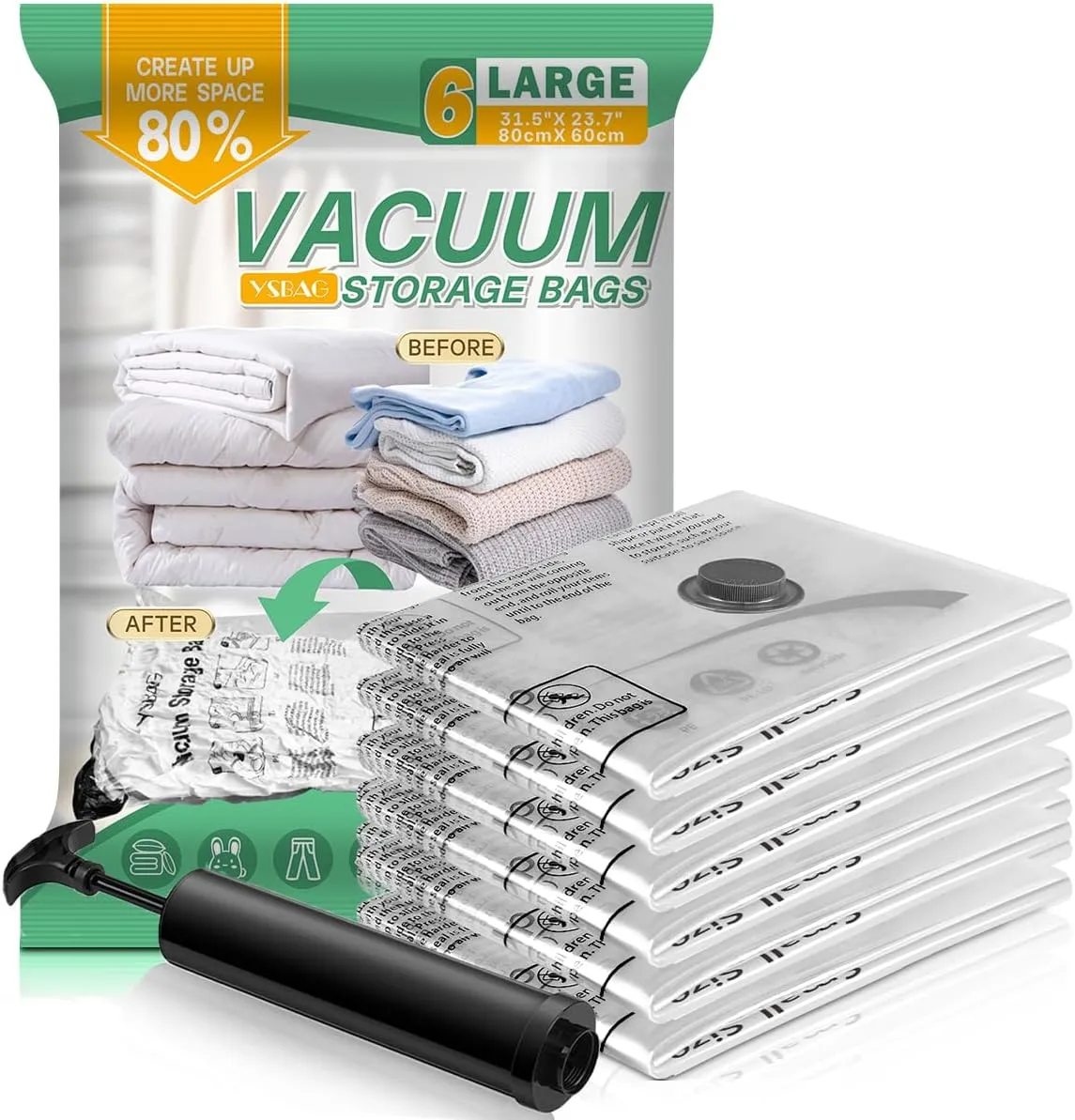Vacuum Storage Bags With Hand Pump, Vacuum Seal Bags for Clothing,Space Saver Bags for Comforters,Blankets(6 Large)