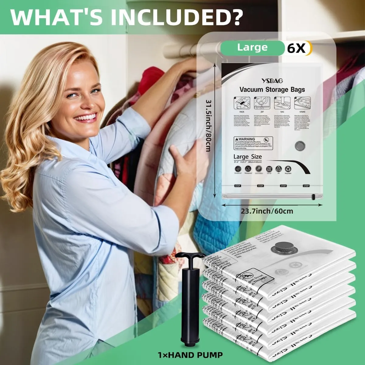 Vacuum Storage Bags With Hand Pump, Vacuum Seal Bags for Clothing,Space Saver Bags for Comforters,Blankets(6 Large)