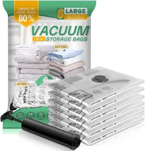 Vacuum Storage Bags With Hand Pump, Vacuum Seal Bags for Clothing,Space Saver Bags for Comforters,Blankets(6 Large)