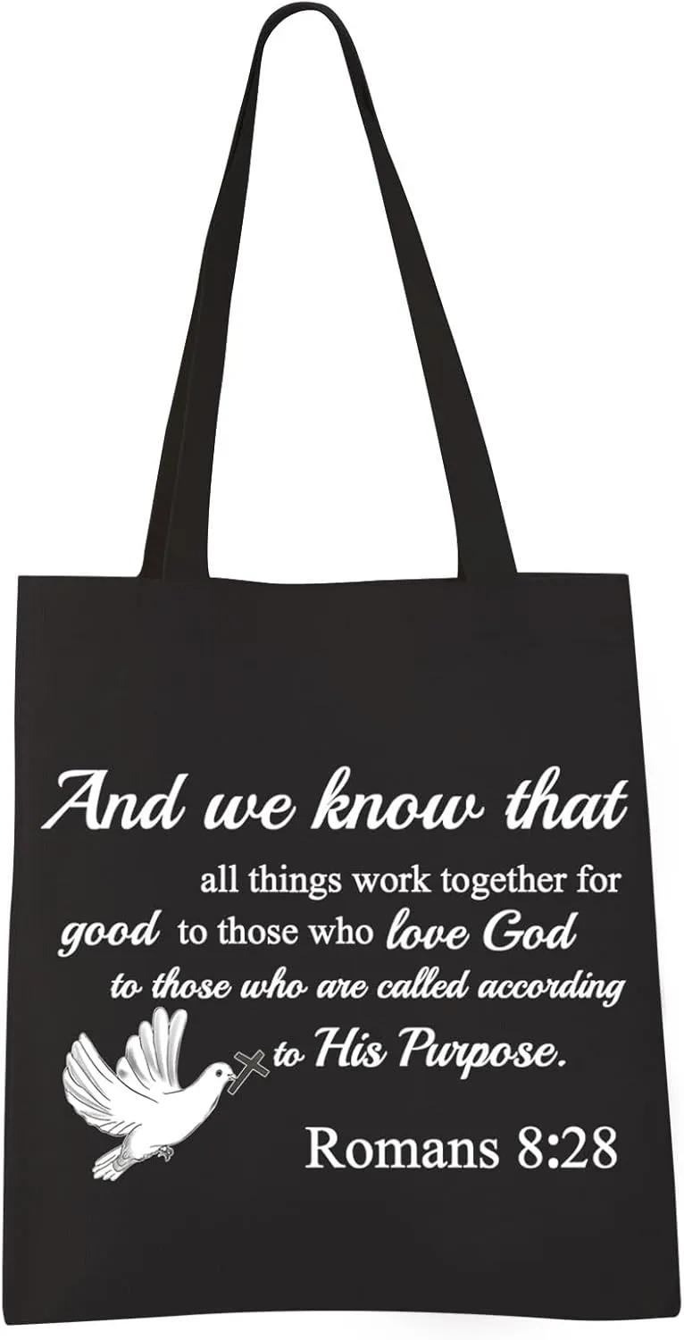 VAMSII Romans 8: 28 Tote Bag Christian Shoulder Bag Bible Verse Gift Bags Scripture Canvas Tote Bag Religious Christian Gift
