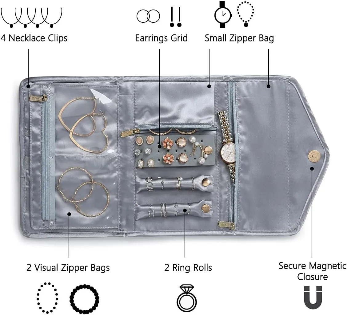 VanFn Jewelry Rolls, Travel Jewelry Organizer Roll, Foldable Jewelry Case, Women Jewelry Storage Bag for Journey-Rings, Necklaces, Earrings, Bracelets, Watches, Brooches P.Travel Series