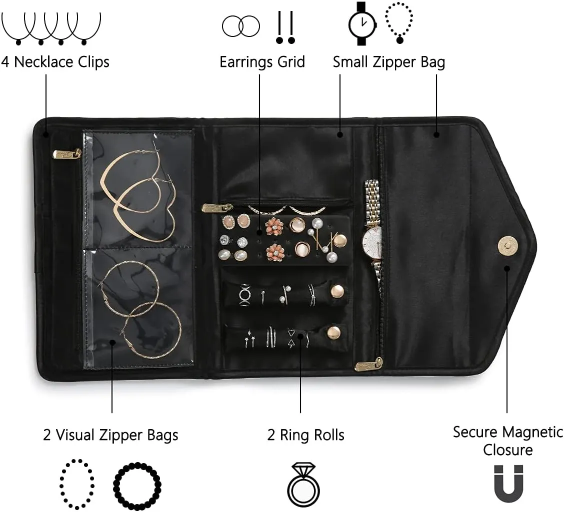 VanFn Jewelry Rolls, Travel Jewelry Organizer Roll, Foldable Jewelry Case, Women Jewelry Storage Bag for Journey-Rings, Necklaces, Earrings, Bracelets, Watches, Brooches P.Travel Series