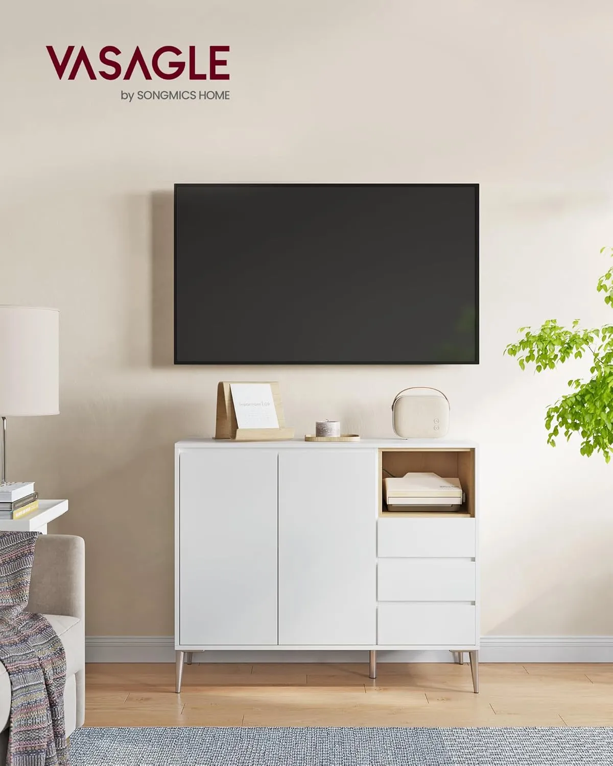 VASAGLE Sideboard, Buffet Cabinet with Doors and Height Adjustable Shelf, 3 Drawers, Open Compartment, Modern, 15.7 x 40.7 x 33.5 Inches, for Living Room, Kitchen, Study, Cloud White UBBK273W11