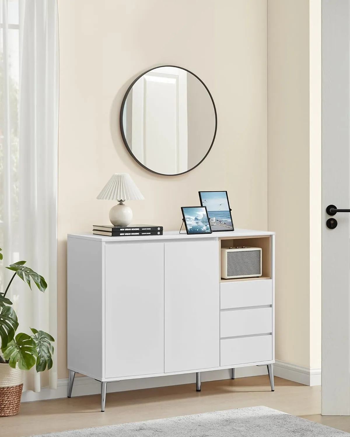 VASAGLE Sideboard, Buffet Cabinet with Doors and Height Adjustable Shelf, 3 Drawers, Open Compartment, Modern, 15.7 x 40.7 x 33.5 Inches, for Living Room, Kitchen, Study, Cloud White UBBK273W11